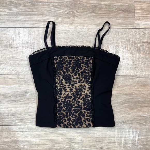 Y2K‎ Leopard Lace Ruffle Black Cami Corset Like Tank Top Boho USA Made XXS XS - Picture 7 of 7